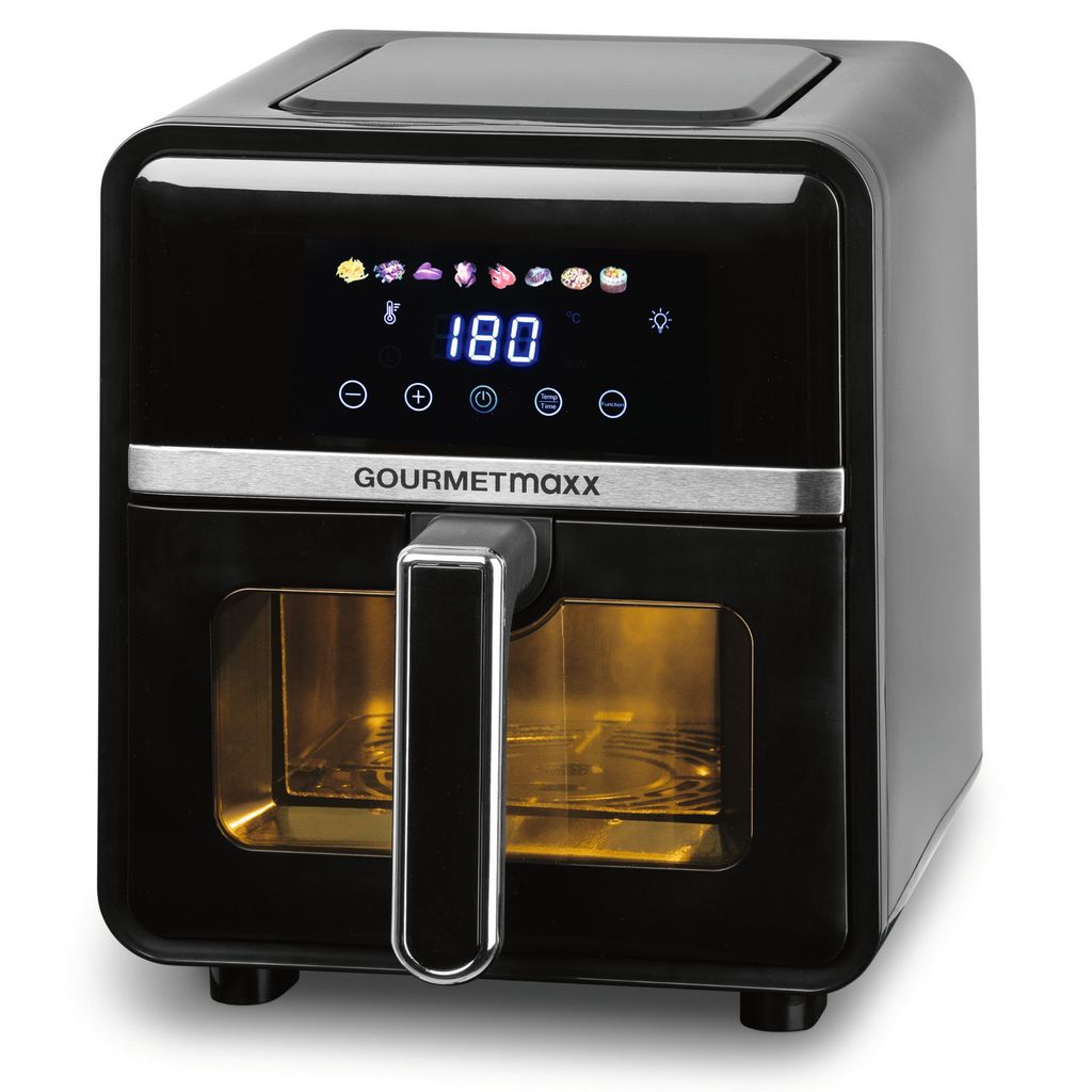 A black GOURMETmaxx air fryer is shown against a white background. The air fryer has a digital display showing '180' and various icons, along with the brand name.