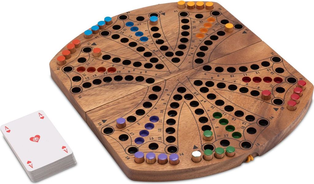 A wooden Tock board game with colorful playing pieces and a deck of cards.