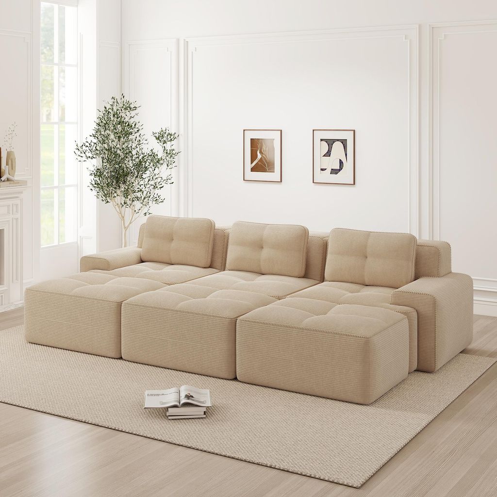 Modulares Ecksofa 3-Sitzer Cord Cloud Couch rahmenlose Wohnlandschaft mit 3 Hockern tiefes Schlafsofa Lounge Sofa bequem kein Aufbau Beige