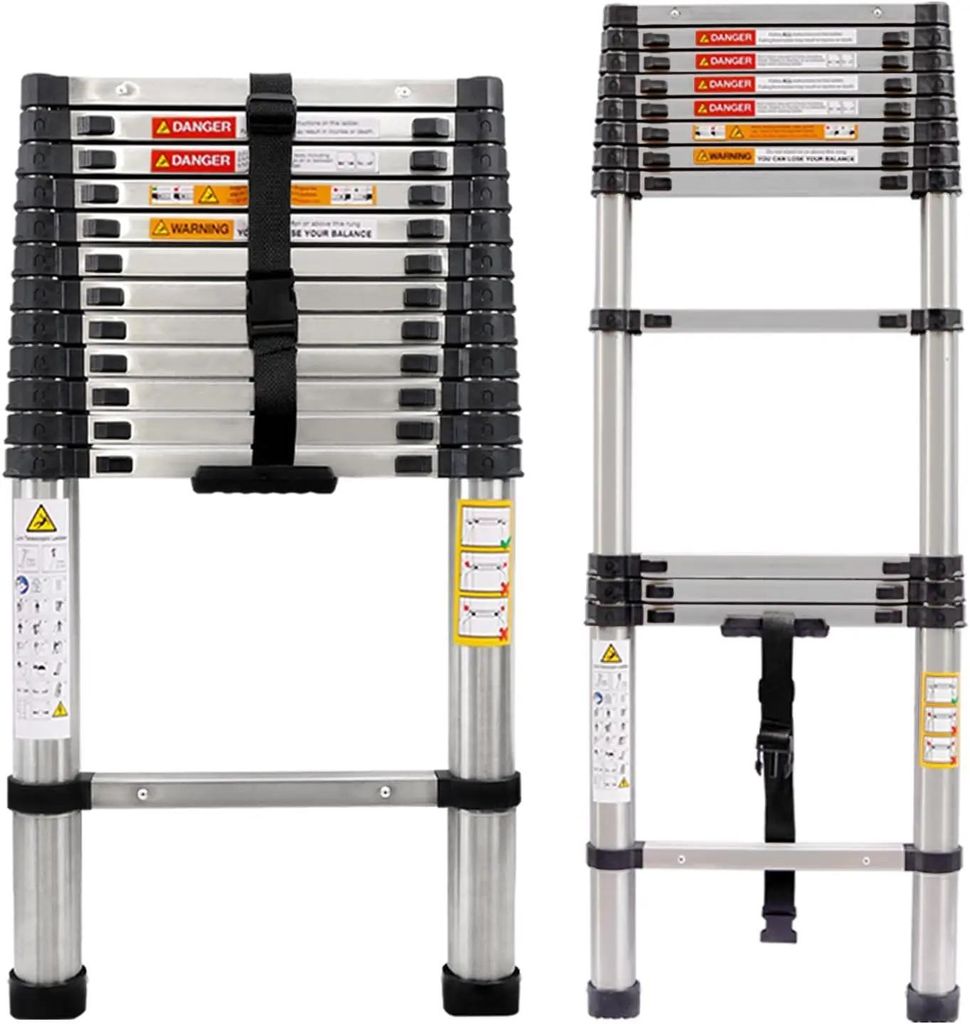Teleskopleiter - 3,8 m - 13 Sprossen - Tragkraft 150 kg - Zusammengeklappt 86,5 cm - Breite 48 cm - Sprossenabstand 30 cm
