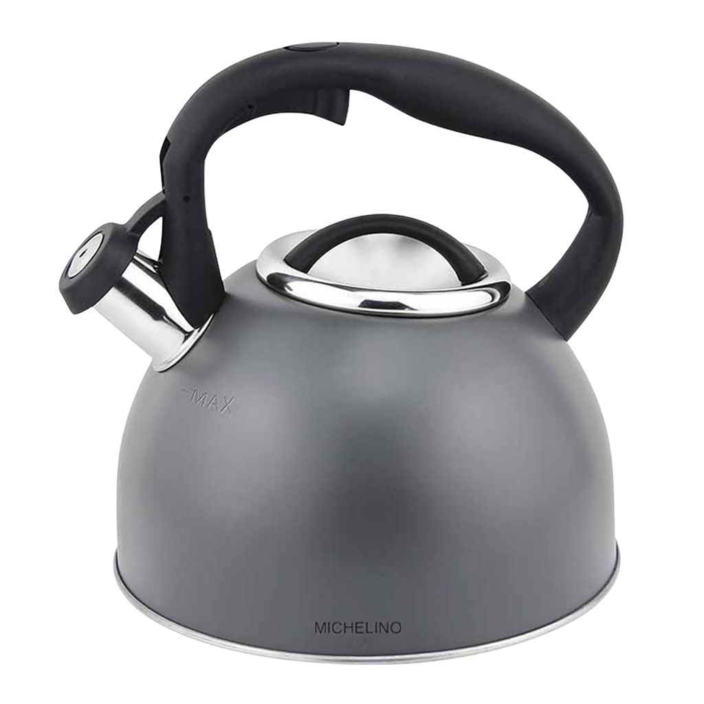 Edelstahl Flötenkessel 2,5L für alle Herdarten, Grau mit Soft-Touch-Nylon-Griff in Schwarz