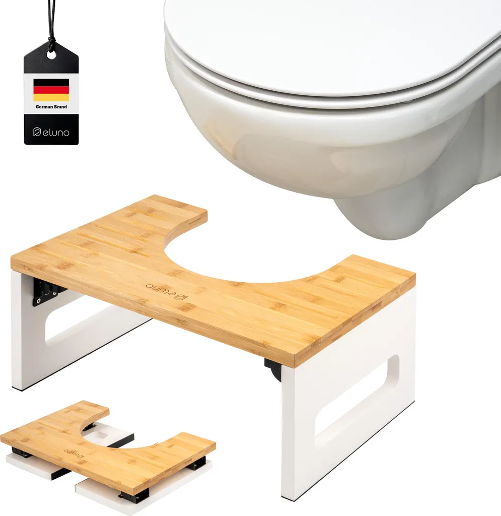 sgabello da toilette eluno, poggiapiedi in bambù, pieghevole salvaspazio, bianco