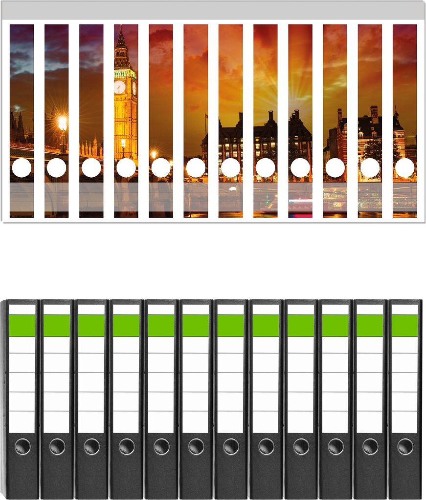 Wallario 12 Stück schmale Ordner inkl. Klebeetiketten mit Motive London - Big Ben in strahlenden Farben - Set mit Rückenschildern / Ordnerrücke...