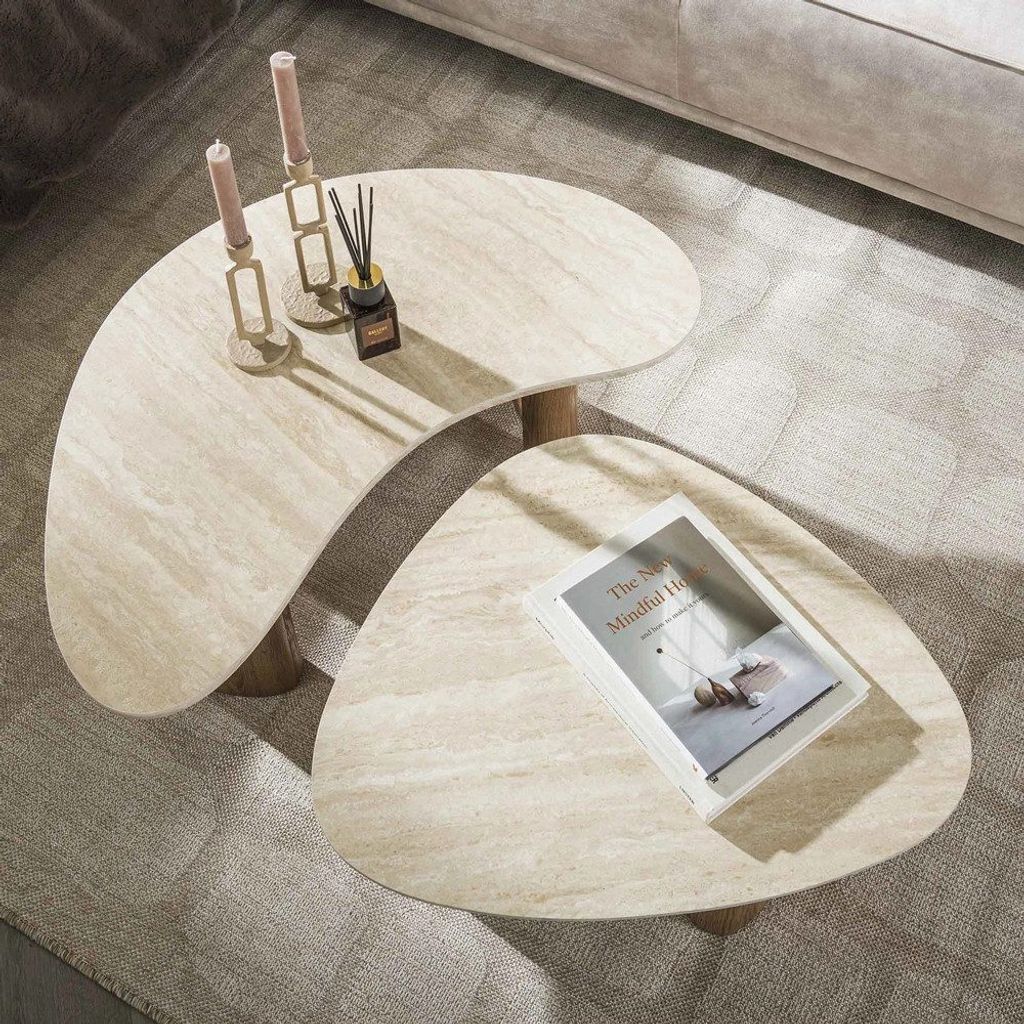 LEVEN Lifestyle Couchtisch WASI SABI 2 ́er Set organische Form Tischplatte aus hochwertiger Keramik in Travertin Optik