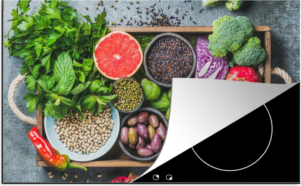 KitchenYeah Herdabdeckplatte Box - Obst - Gesund , 91x52cm, Küche Deko, Glaskeramikfeld Herdabdeckung, Abdeckplatte fùr Kochfeld