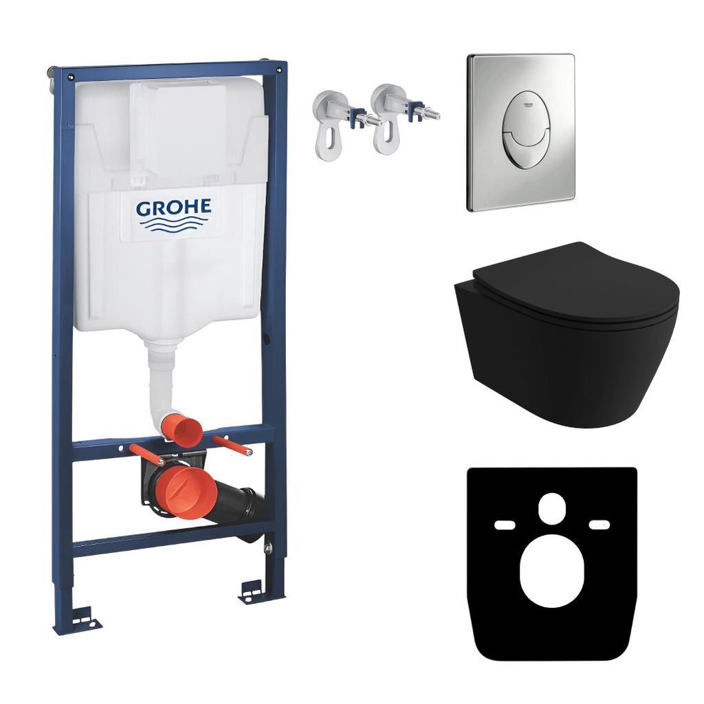 GROHE Vorwandelement Solido Start + Wand Hänge WC Praia Schwarz Spülrandlos + WC-Sitz SoftClose | Verchromter Knopf | Komplettset | Unterputz Sp...