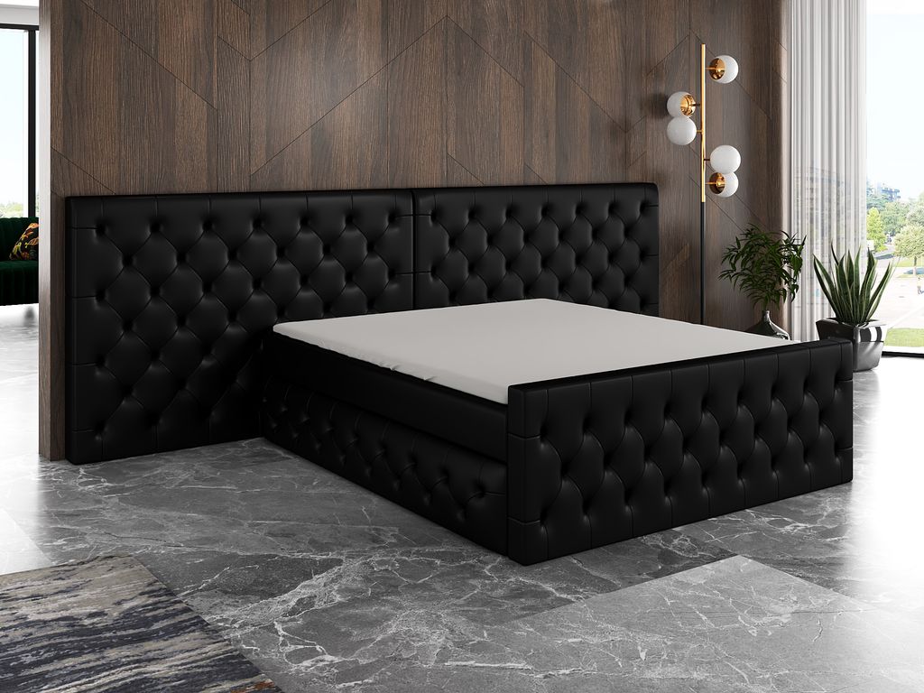 Boxspringbett SVEN 140 x 200 mit 2 Bettkästen, Bonell-Matratze und Topper. Farbe: Schwarz