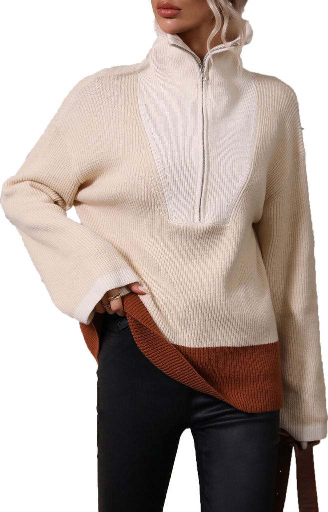 ASKSA Damen Strickpullover Colorblock Pullover Reißverschluss Revers Strickpulli Strickoberteile, Apricot, L