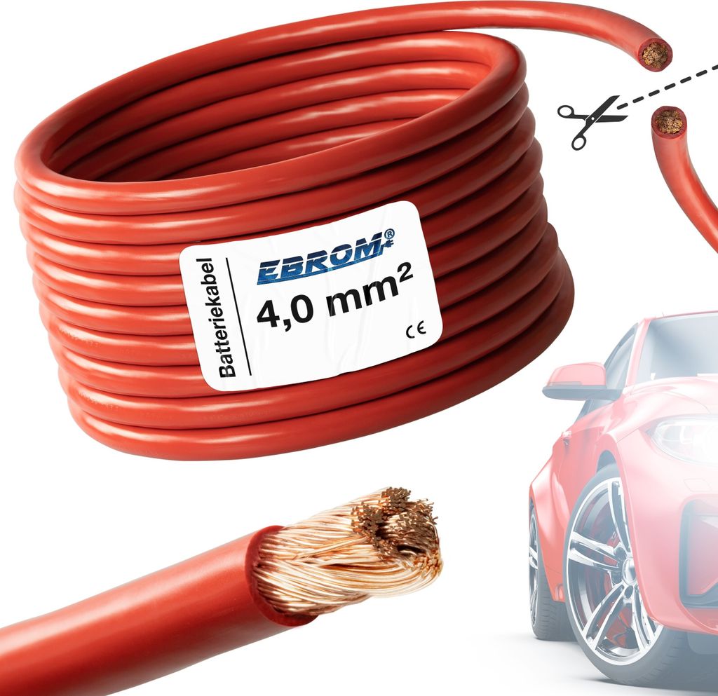 EBROM - FLY Fahrzeugleitung - KFZ Leitung – Batteriekabel ROT – Querschnitt 4 mm2 - Meterware – flexibel 90 ± 5 Shore - 99,9 % OFC Kupfer (V...
