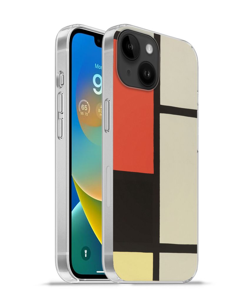 MuchoWow Handyhülle Schutzhülle Hülle für Apple iPhone 14 - Softcase Komposition mit rotem Quadrat, schwarz, blau - Piet Mondrian Silikon Sof...