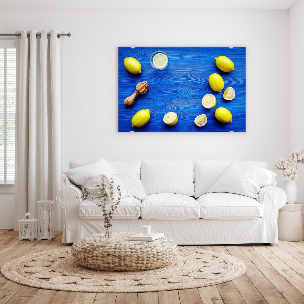 Glasbild Wandbild Zitronen auf Holztisch 75x50cm in XXL für Wohnzimmer, Schlafzimmer, Badezimmer, Flur
