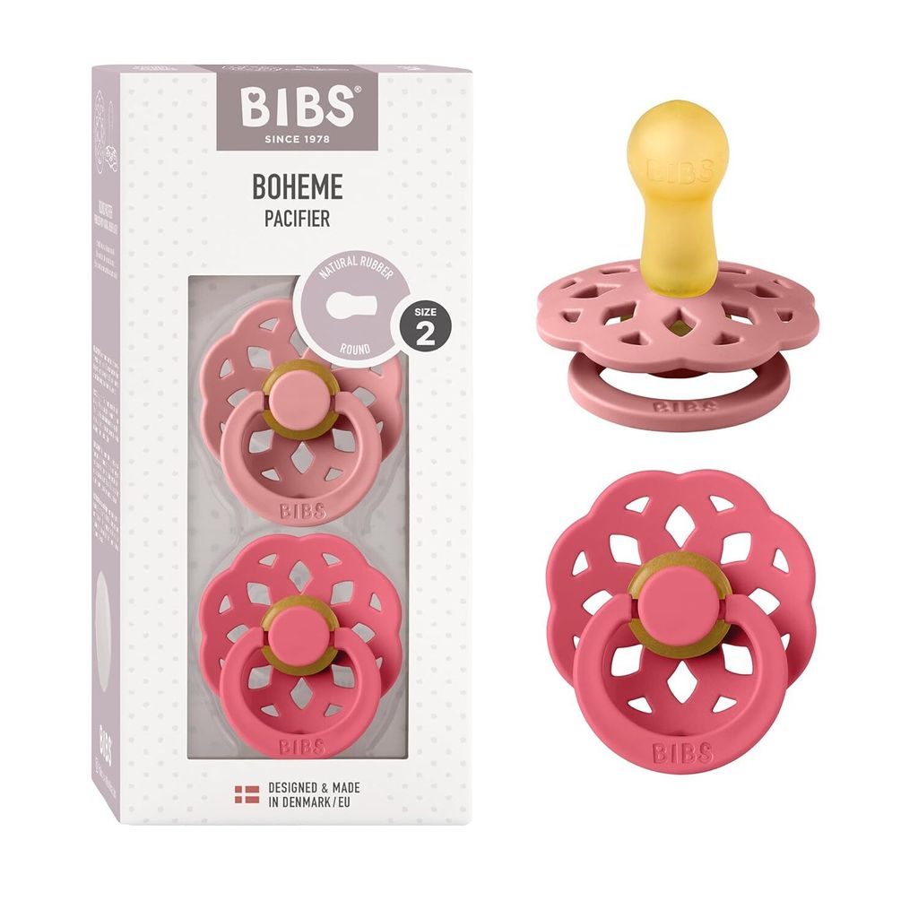 BIBS Boheme Schnuller 2er-Pack. BPA-frei, Kirschform Nippel. Naturkautschuk / Latex, Hergestellt in Dänemark, Größe 2 (6-18 Monate), Dusty Pink ...