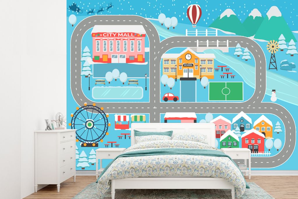 MuchoWow Fototapete für Wohnzimmer oder Schlafzimmer Wandtapete Vinyl Motivtapete Schnee - Schule - Dorf - Blau - 415x300 cm - Küche