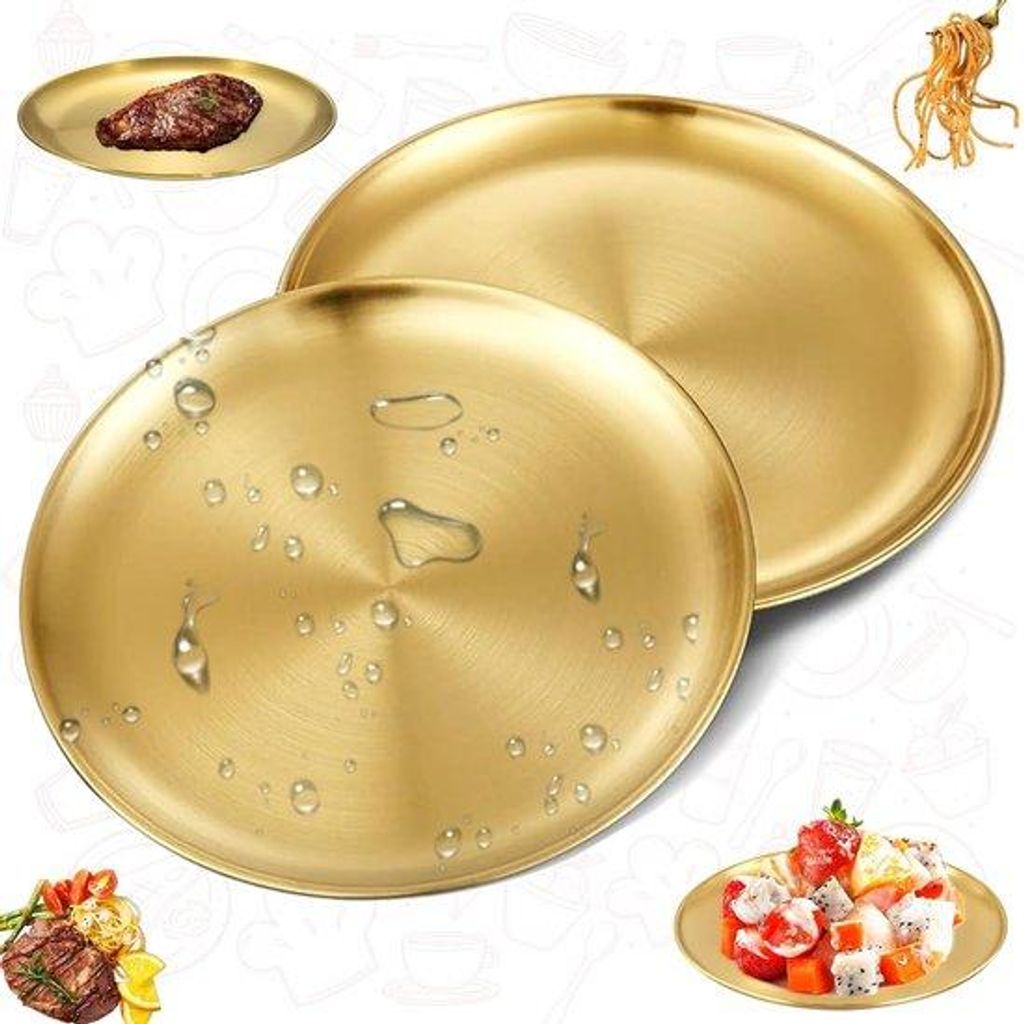 2 Stuks Gouden Ronde Roestvrijstalen Decoratieve Dienbladen - Roestvrijstalen Dienblad für Zuhause - Außen, Camping, Picknick