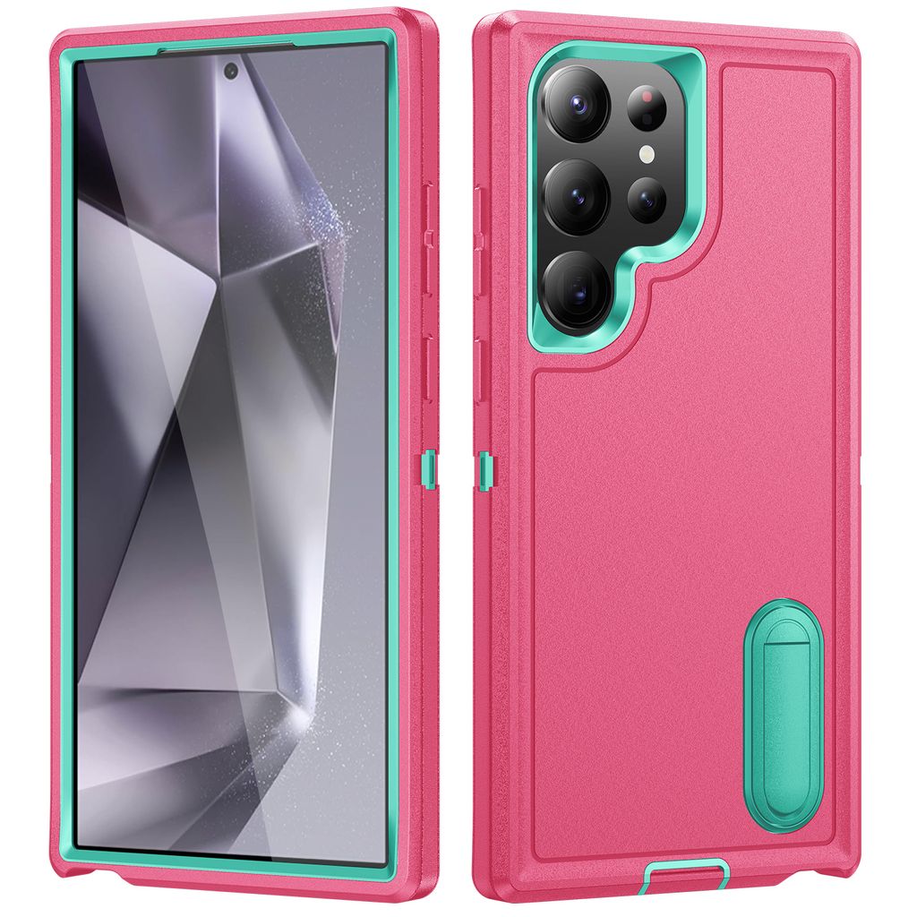 Hülle für Samsung Galaxy S24 Ultra Hybrid Dreilagige Robust Stoßfest Schwerlast Schutzhülle mit Ständer Rosa