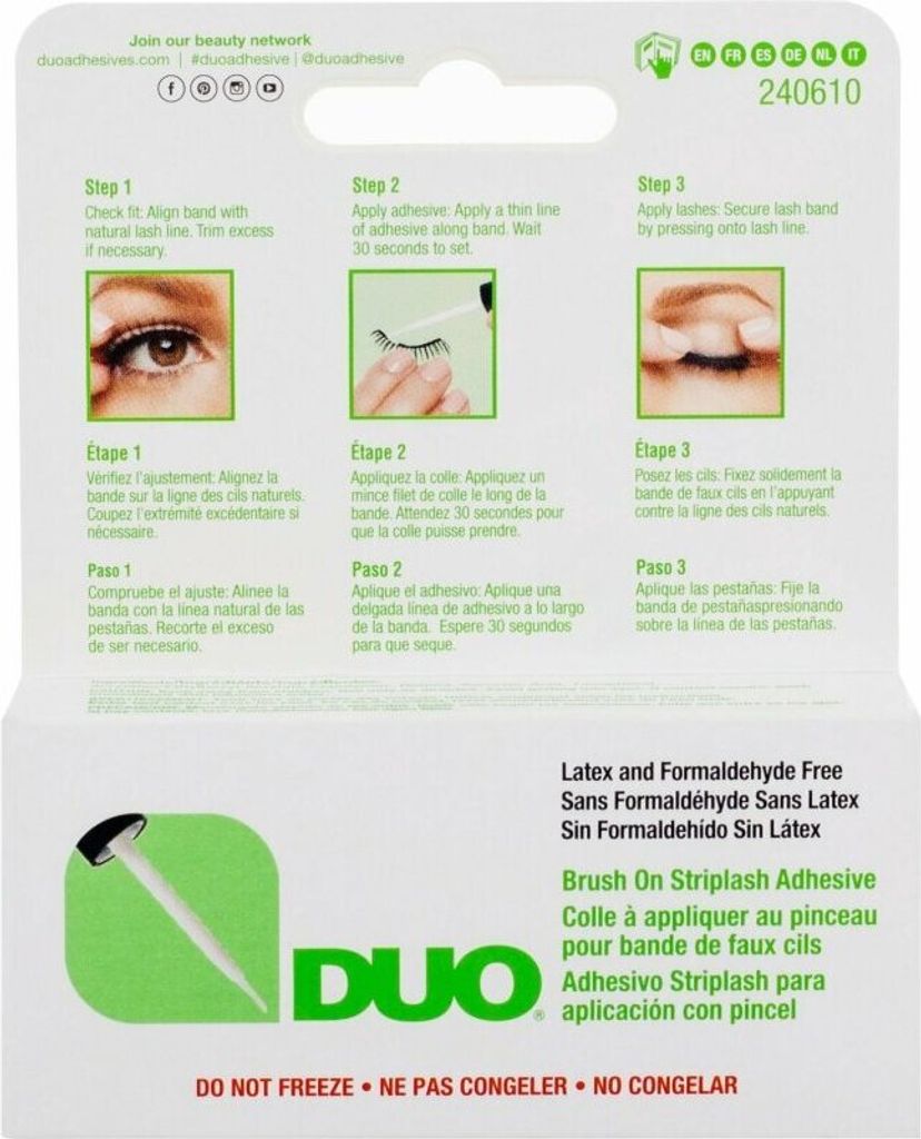 The image shows the back of a product package with instructions on how to apply false eyelashes.