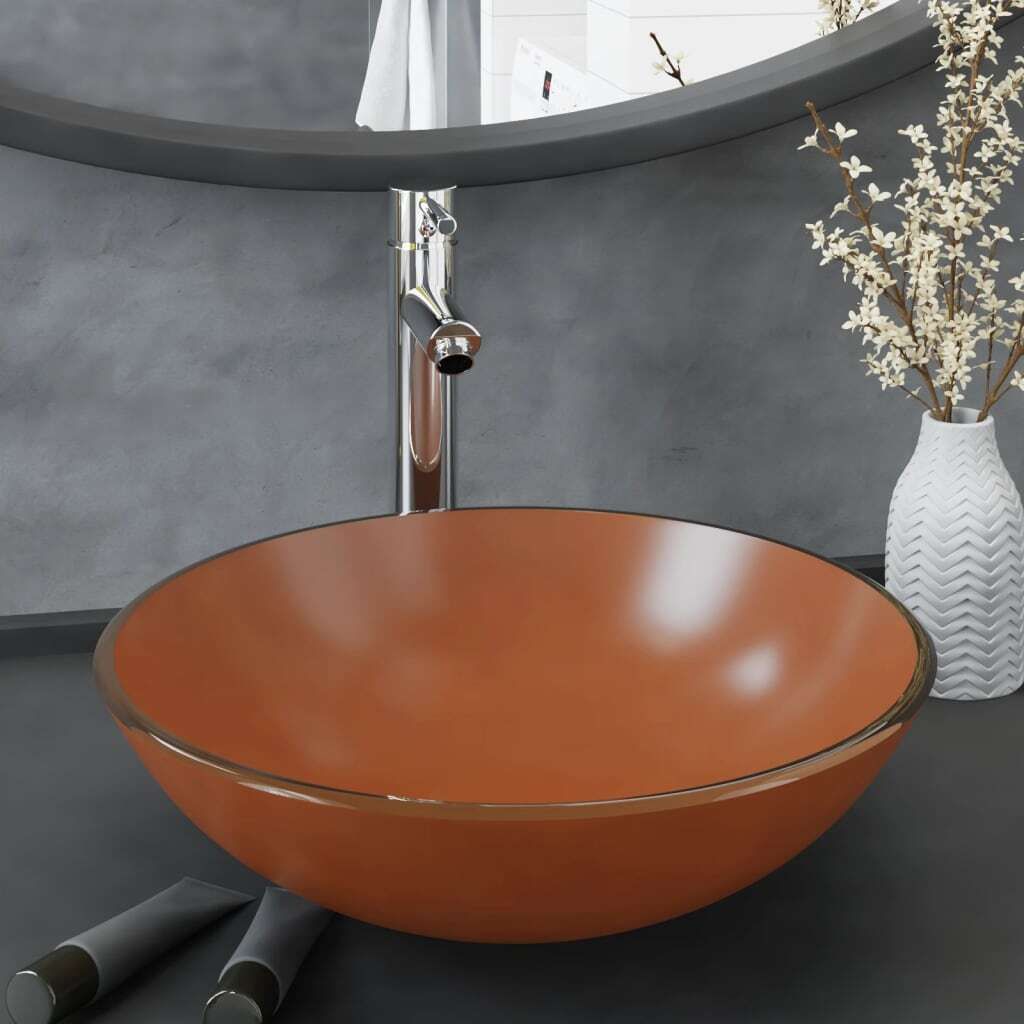 The Living Store Badezimmer Waschbecken mit Wasserhahn und Ablaufgarnitur Braun Gehärtetes Glas