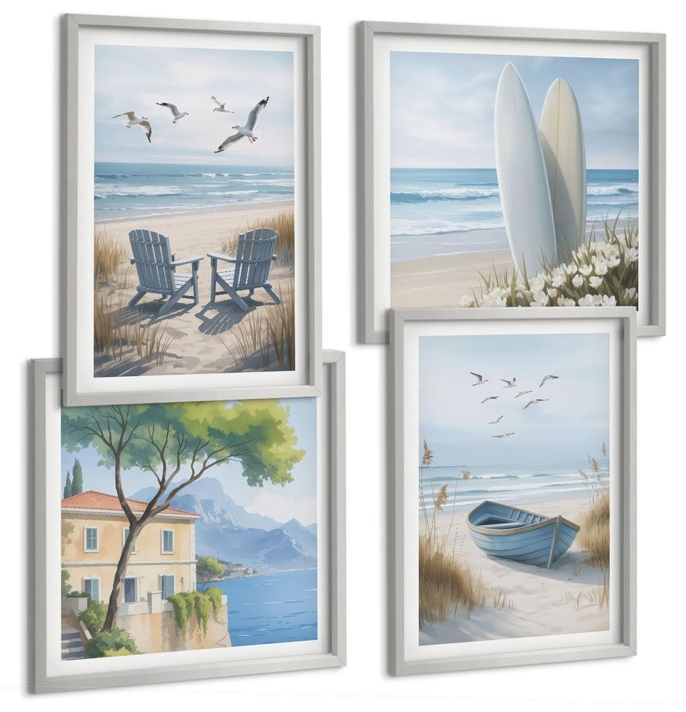 Bilder Set 4-teilig im silbergerahmten Rahmen – Wandbilder 4 Stück – gerahmte Poster für Wohnzimmer, Schlafzimmer und Flur – 50x50 cm - 40x...