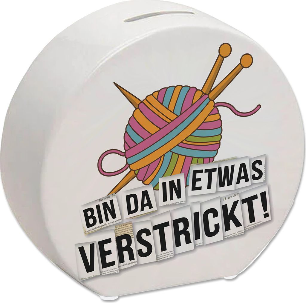 Bin da in etwas verstrickt Spardose mit Wolle und Stricknadeln