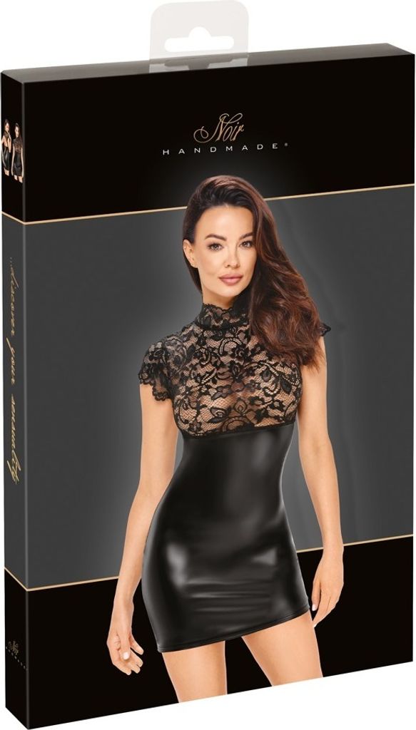 Kurzes enges Kleid Libido Exclusive Schwarz mit kurzem Arm, Stehkragen, Spitze, Powerwetlook und Rückenschnürung