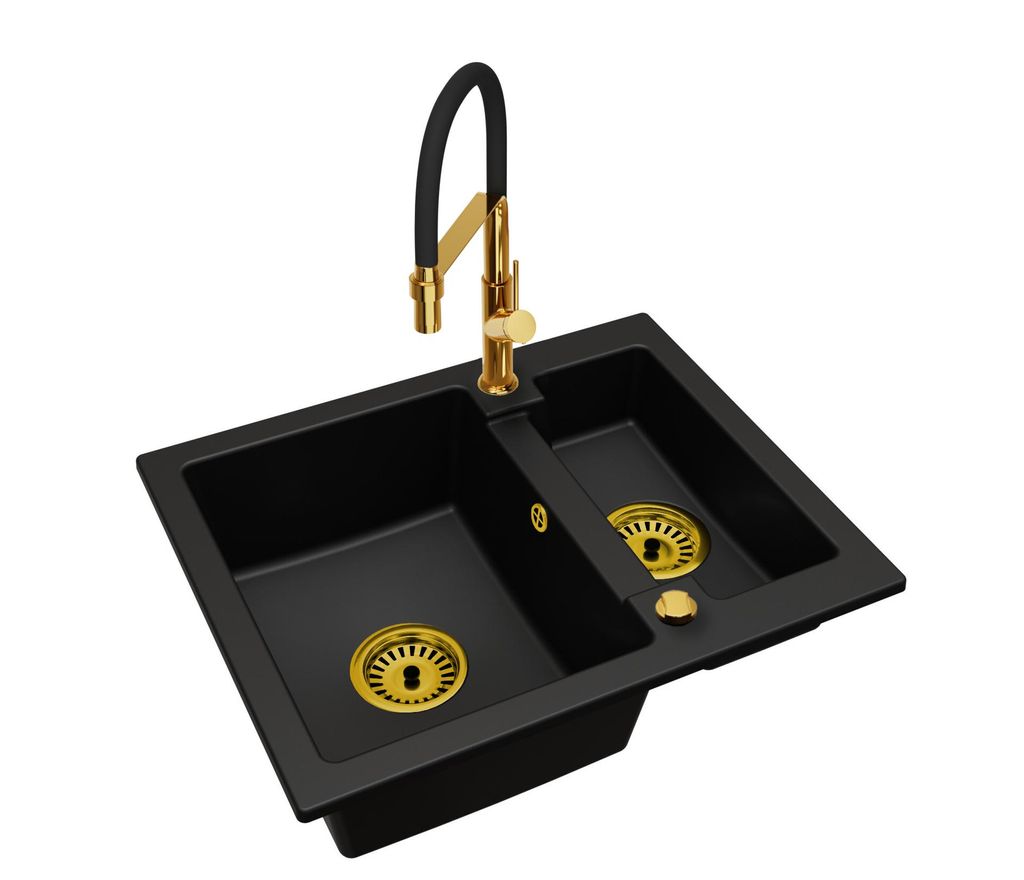 Granitspüle YOGI 1,5 Becken mit Küchenarmatur Gold und Siphon