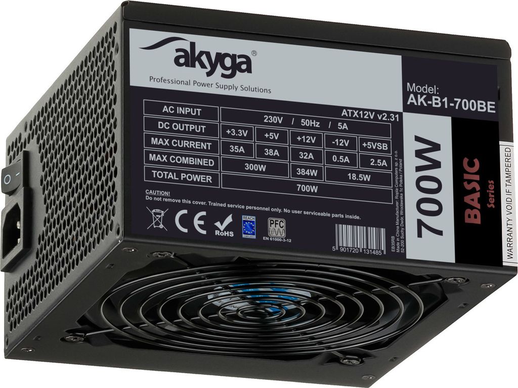 A computer power supply unit shown from a three-quarter angle.