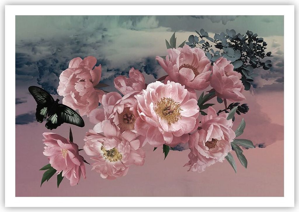 Poster - Poster ohne Rahmen - Blumen Schmetterling Wolken - 100x70 cm - Wand Bild - Wanddeko - Wandbilder - Kunstposter - Wandposter - Bilder - Kun...
