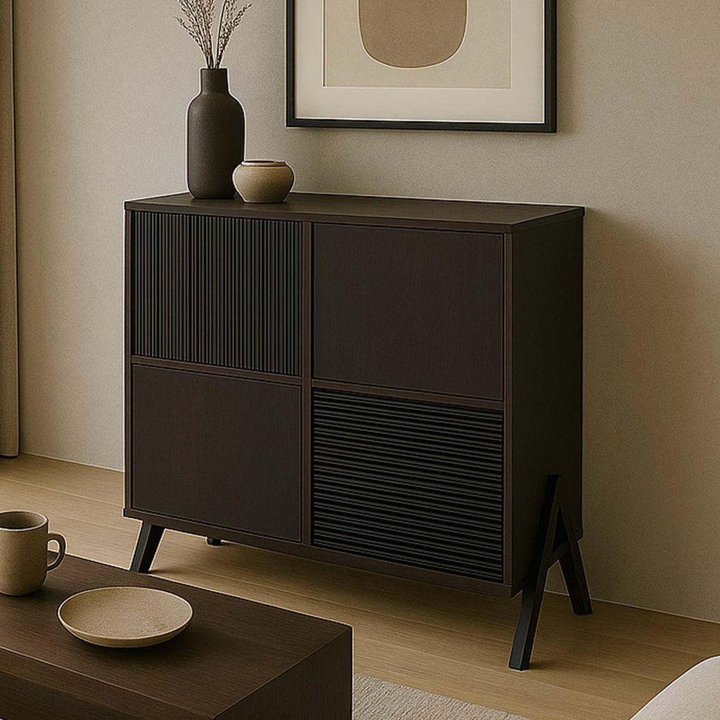 Kommode HWC-O40, Schrank Sideboard Highboard mit Türen Staufächer, MDF Metall Melamin 94x79x40cm Walnuss-Optik