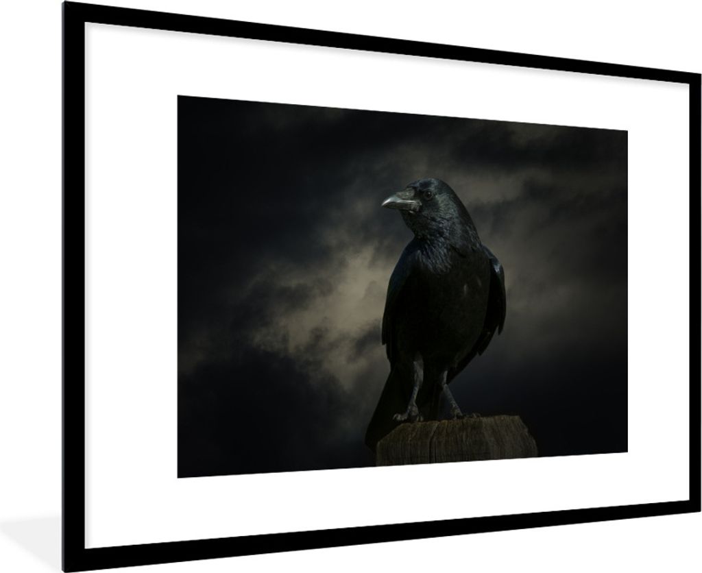 MuchoWow Gerahmtes Poster Vogel - Krähe - Dunkel - Schwarz 90x60 cm - Poster mit Schwarzem Bilderrahmen Wandposter Rahmen Foto Bilder - Wanddeko...