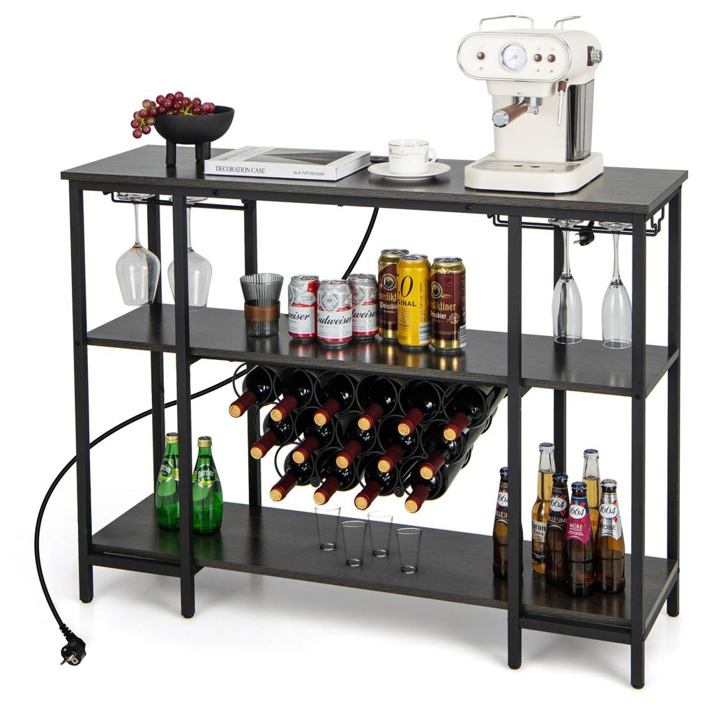 A multi-tiered bar cabinet with wine racks, glass holders, and shelves, stocked with bottles, cans, and glasses.
