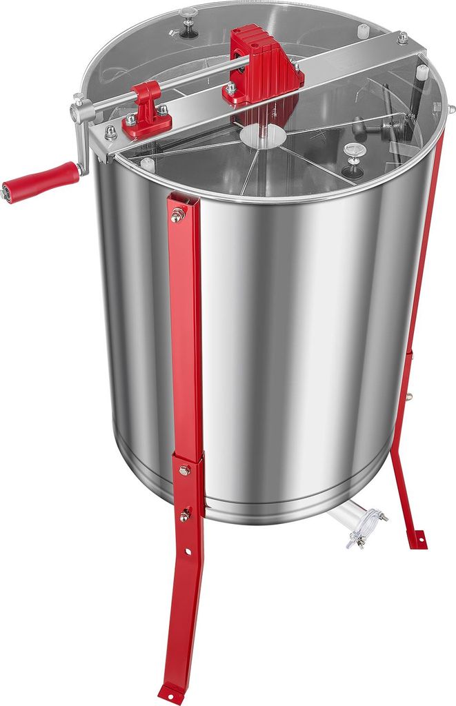 A stainless steel honey extractor with red metal legs and a red crank handle, shown against a white background.