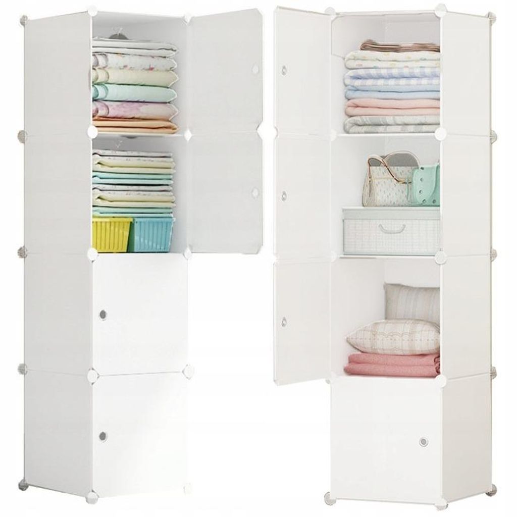 Two white modular storage cabinets are shown side-by-side, with one open and the other closed.