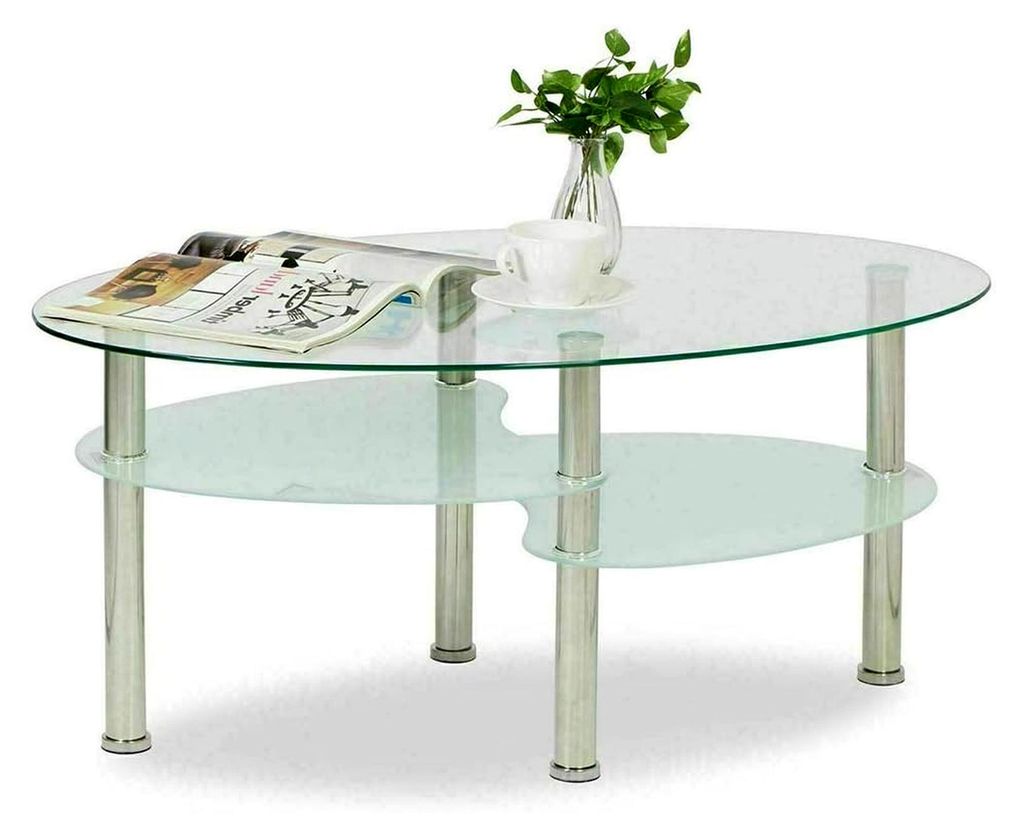 Couchtisch aus Hartglas, schlicht und elegant, mit Metallbeinen, rund, 2 Einlegeböden, 90 x 50 x 43 cm (transparent + weiß)