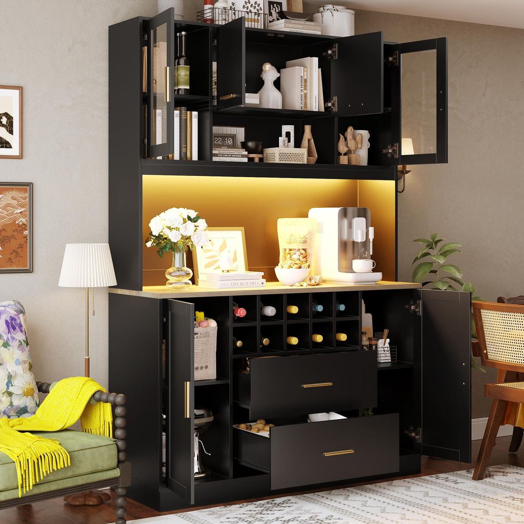 okwish Küchenschrank Buffetschrank mit 6 Türen,Küchenschrank mit Schubladen und Weinregal,Angerichtete Seitenschrank mit Metallgriffe und LED-Le...