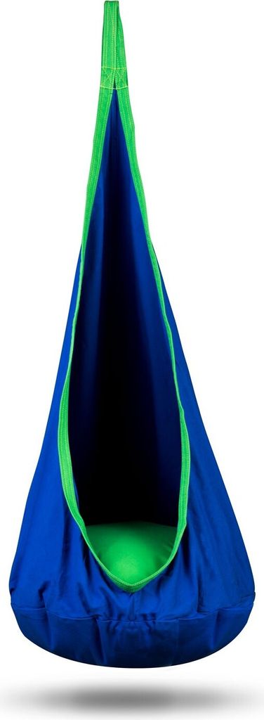 A blue and green hanging chair.