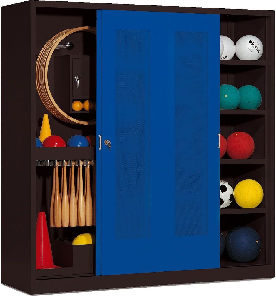 C+P Sportgeräteschrank mit Lochblech-Schiebetüren (Typ 5), HxBxT 195x190x60 cm, Enzianblau (RAL 5010), Anthrazit (RAL 7021), Einzelschließung