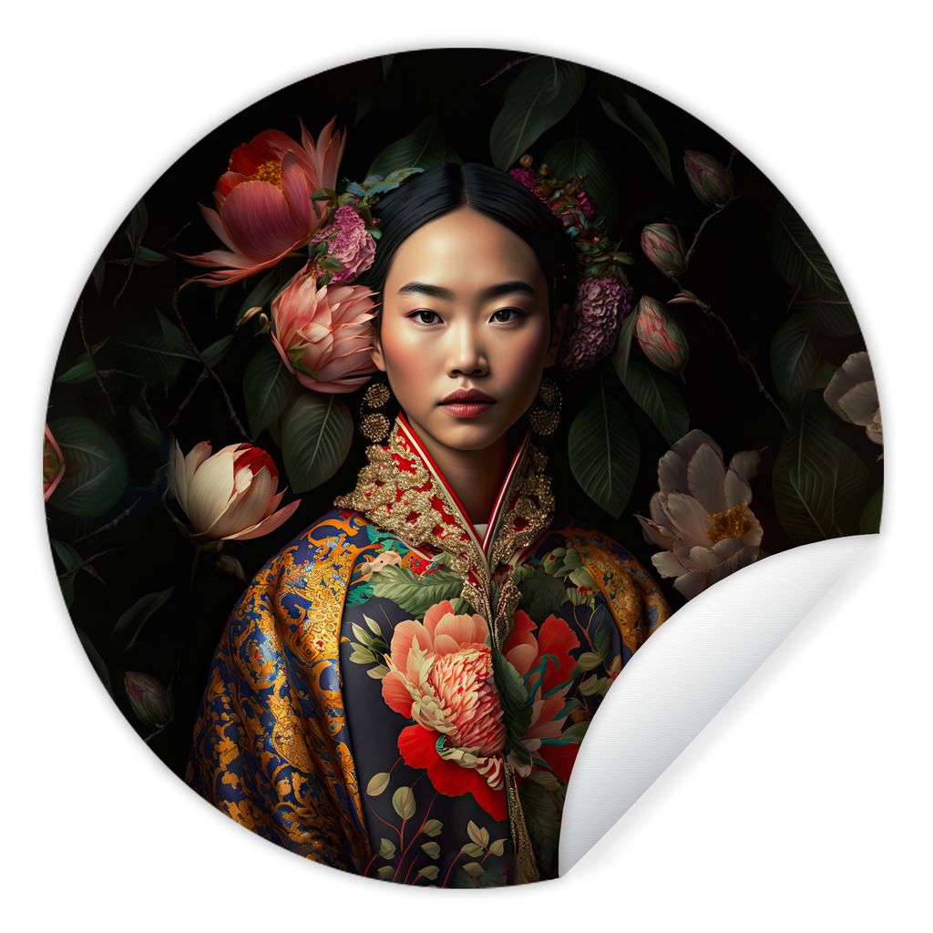 MuchoWow Runde Wandtattoo - Wandsticker Tapete Aufkleber Frau - Asiatisch - Kimono - Blumen - Porträt Ø 50 cm Selbstklebend und Repositionierba...