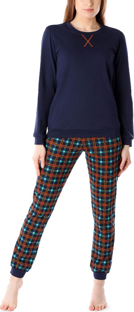 Merry Style Damen Schlafanzug Zweiteiler lang Pyjama Langarm Lange Hose mit Muster MS10-168 (Marineblau (Orange-Kariert), L)