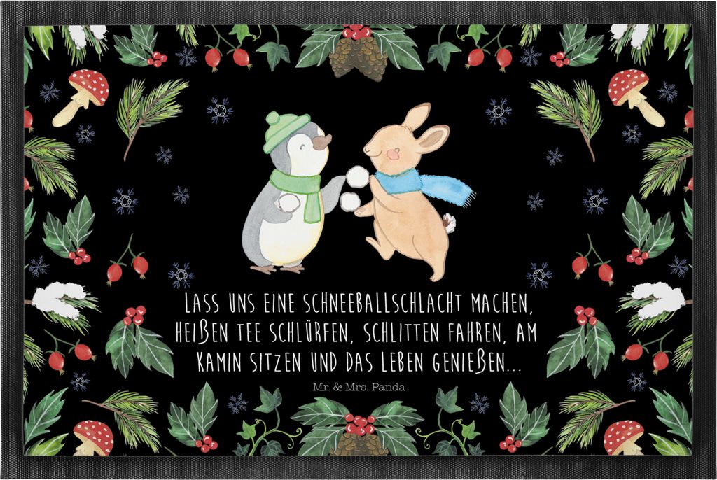 Mr. & Mrs. Panda Bodenvorleger Pinguin Hase Schneeballschlacht 50 x 75 cm - Schwarz - Geschenk, Schmutzfänger, Weihnachten, fußmatte, Schmutzfang...