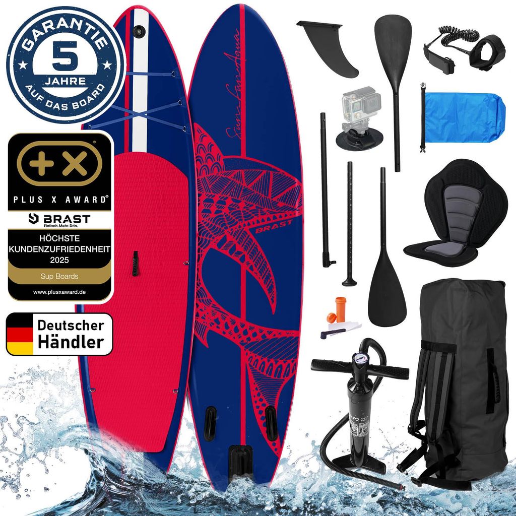 BRAST SUP Board Shark | Aufblasbares Stand up Paddle Set | 320x81x15cm | 8 Designs | inkl. Sonderzubehör | 2in1 Paddel Kajak-Sitz Action-Cam-Halte...