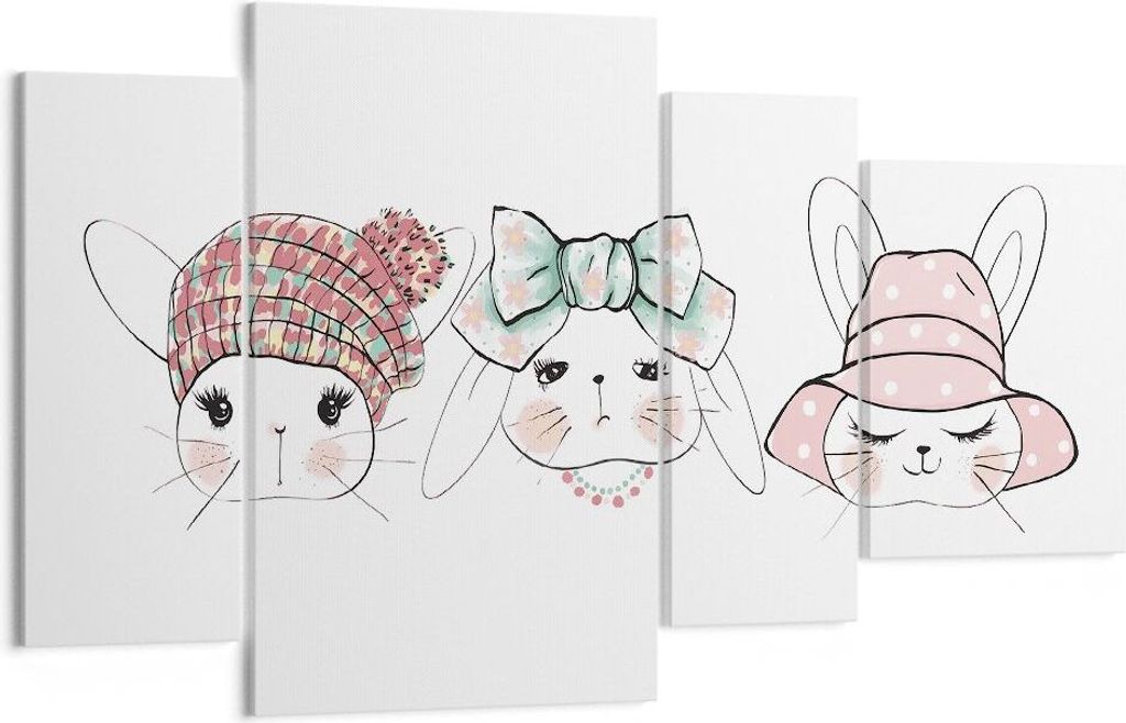 Bild auf Leinwand - Leinwandbild - Bunnys Hüte Illustration Kinder - 120x70cm - Wand Bild - Wanddeko - Leinwanddruck - Bilder - Kunstdruck - Leinw...