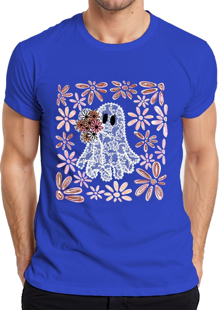 Halloween Gespenst Spitze Blumen Boho Gänseblümchen Süß Niedlich Herren T-Shirt, Blau, XL