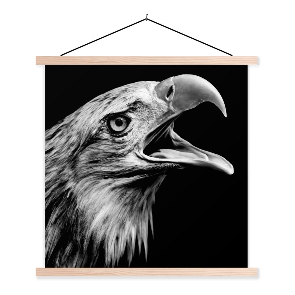 MuchoWow Textilposter Adler - Porträt - Raubvögel - Schwarz - Weiß - Vogel 40x40 cm mit holzfarbenen Rahmen - Posterleiste