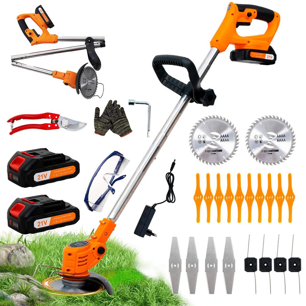 OUTIGO Akku-Rasentrimmer mit 2 * 21V Akku, 4 Messer, dreifach klappbarer Mäher,mit LCD-Anzeige, Rasenmäher, Akku-Gartenmäher für Rasen,Sträucher