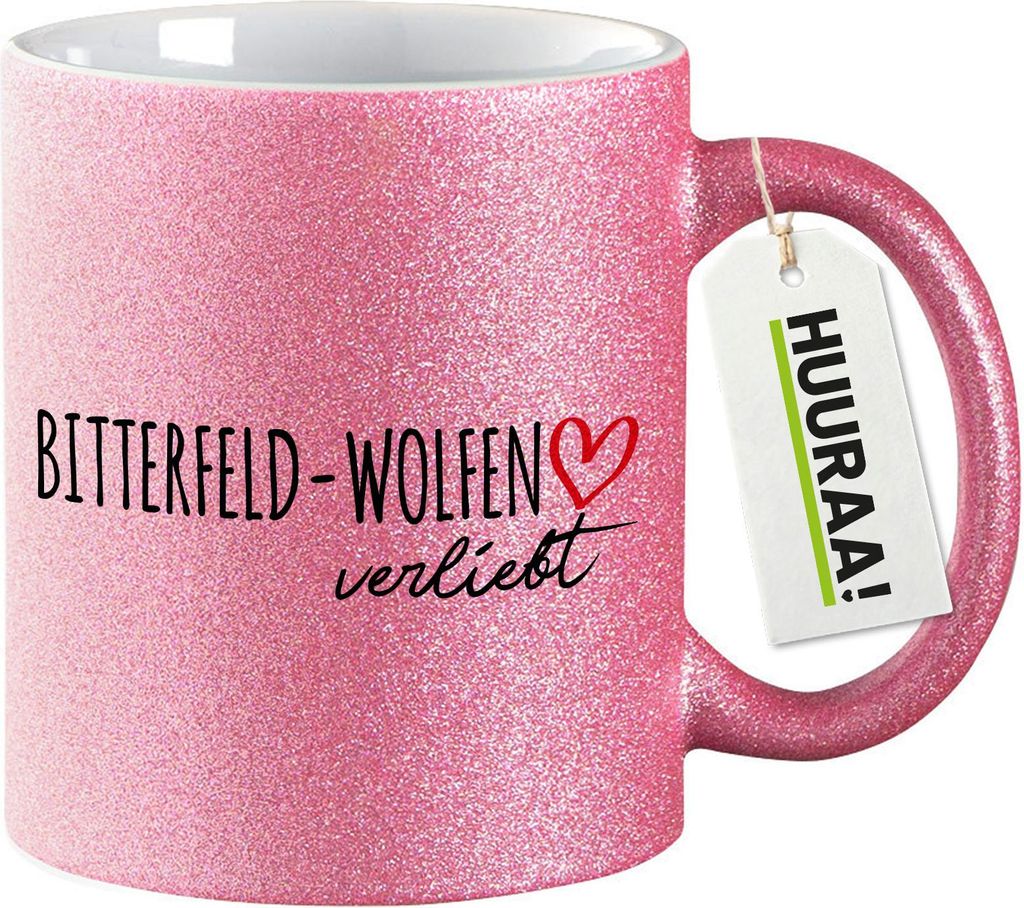 Huuraa Glitzertasse Bitterfeld-Wolfen verliebt 330ml Pink Keramik Kaffeebecher Geschenkidee