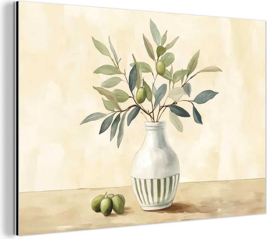 MuchoWow Wanddekoration Metall Metallbild Wandkunst 30x20 cm Vase - Keramik - Olivenzweige MuchoWow Aluminium Gemälde - Aluminiumgemälder
