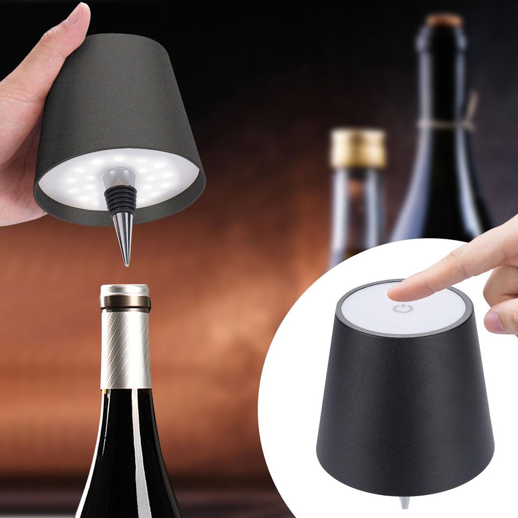 Edle Akku Flaschenlampe Schwarz: Dimmbar, 3 Lichtfarben: Produktbild 