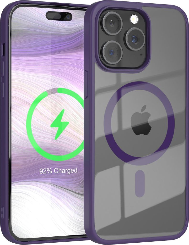 EAZY CASE Clear MagSafe Case für Apple iPhone 15 Pro Max, Qi-Charging, Silikon mit Kameraschutz, Bumper Case in Violett