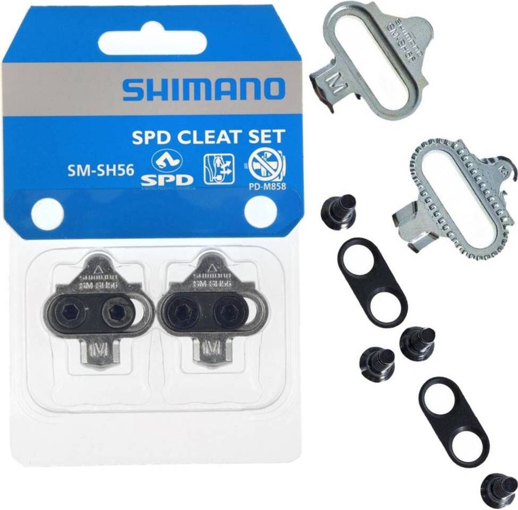 A product package containing Shimano SPD cleat set components, including the cleats themselves, screws, and mounting plates.
