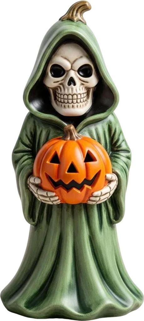 Halloween Schädel Kürbis Figurine Harz Skelett Halten Kürbis Statue Spooky Tabletop Ornamente für Indoor Home Decor